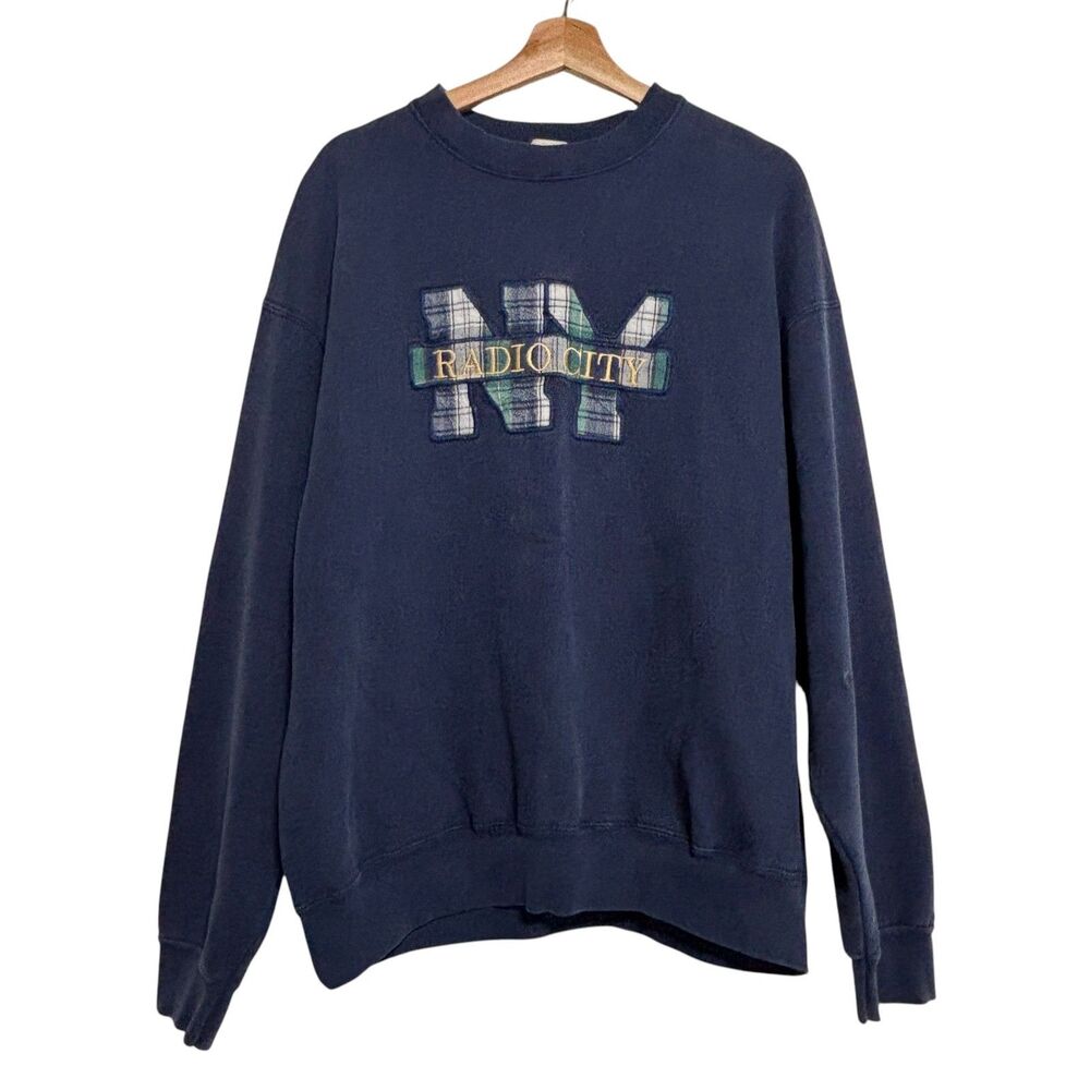 Vintage Radio City NY Crewneck Sweatshirt Sz XL 1990s Navy Plaid Logo